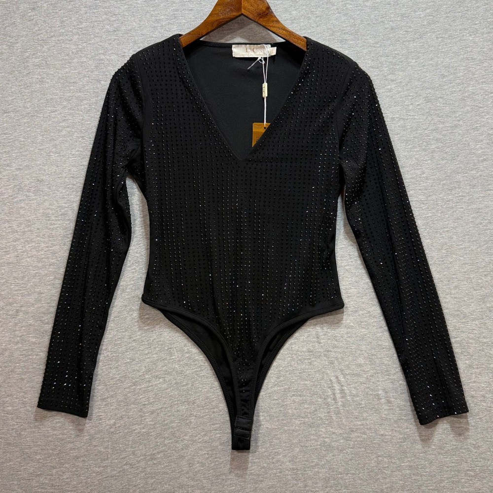 Lizette Collection Rhinestone Bodysuit Womens L Black V-Neck Long Sleeve Glam